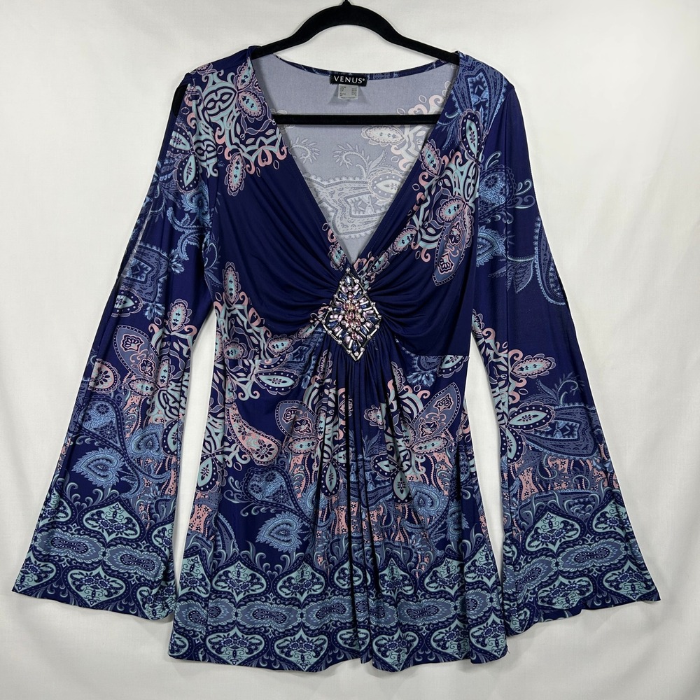 Vintage Y2K Venus Blue Paisley Cold-Shoulder Rhinestone V-Neck Top Size L